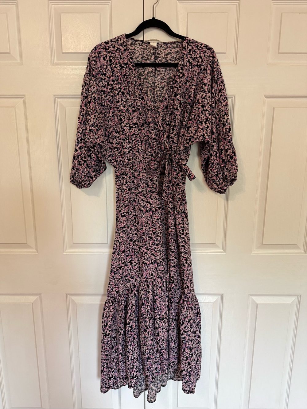 H&M Pink Floral Wrap Midi Dress with Puff Sleeves (US M-L)